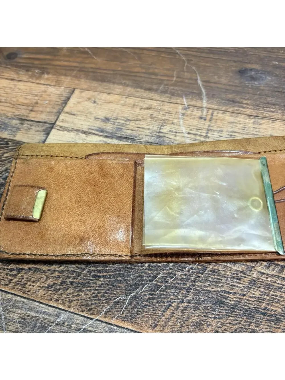 Vintage Ostrich Leather Men's Bifold Wallet w/Photo Folio Light Brown Handmade